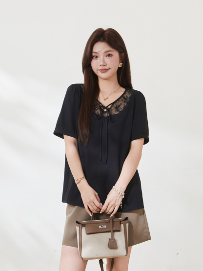 New Chinese style lace up bubble sleeve sweater，FXA7175