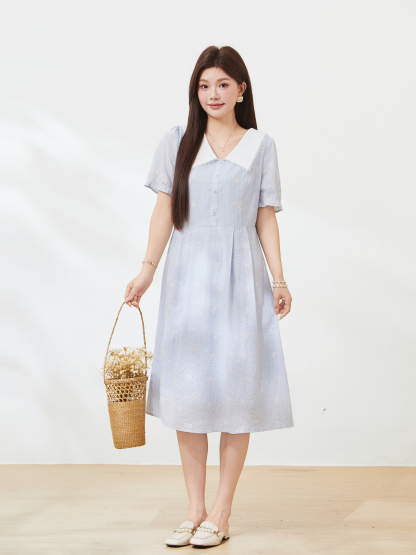 Color blocking doll collar embroidered dress，FXQ7255