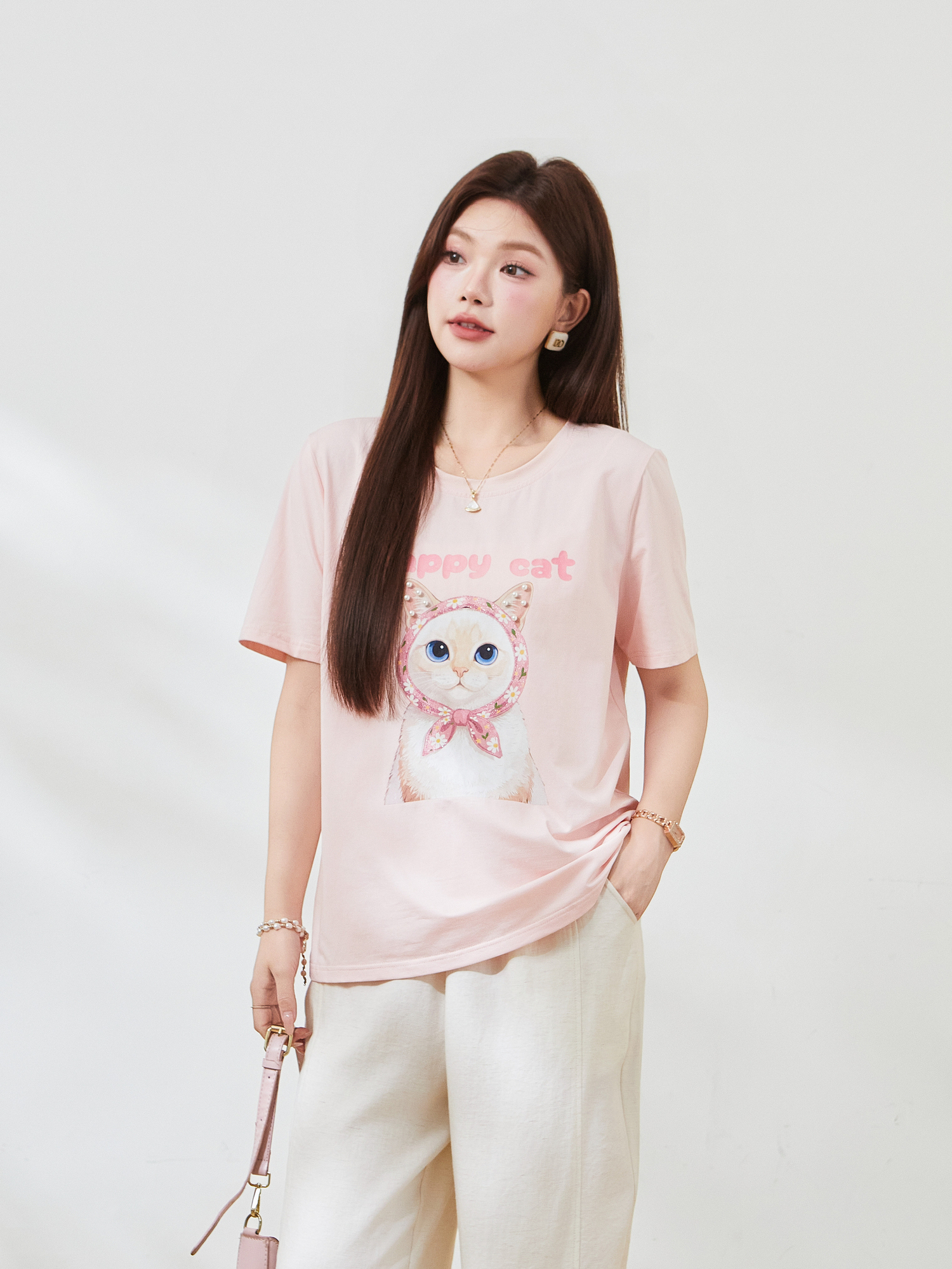 Round-neck cat print beaded T-shirt FXZ7381
