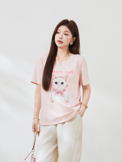 Round-neck cat print beaded T-shirt FXZ7381
