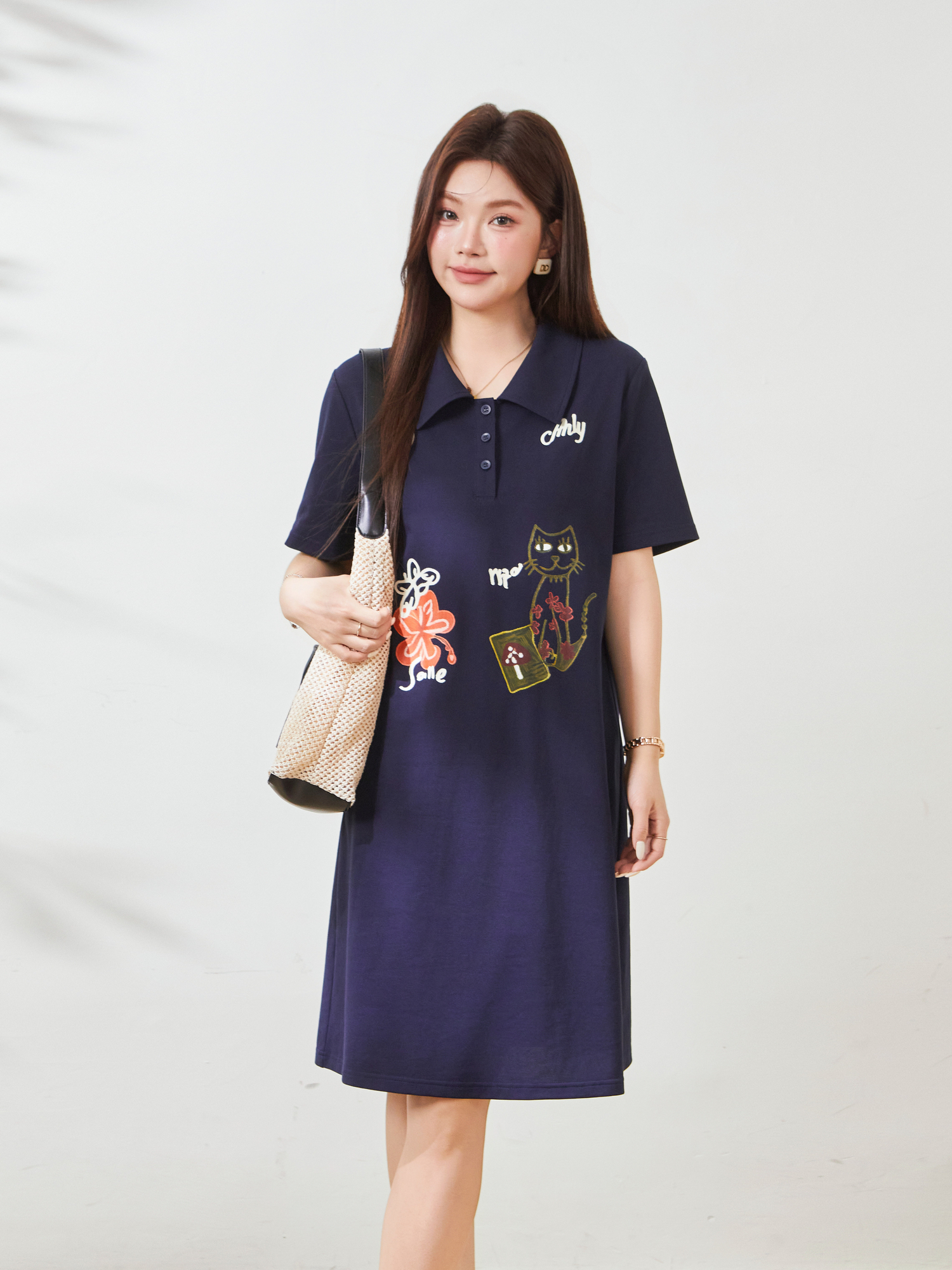 POLO collar cartoon printed loose top，FXZ9019