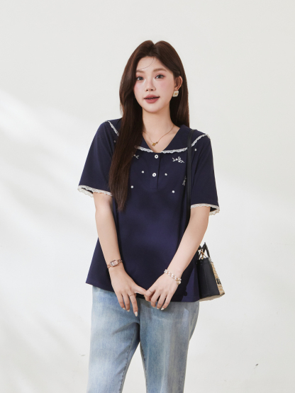 Age-reducing Navy Lace-collar Embroidered Beaded T-shirt FXZ7166