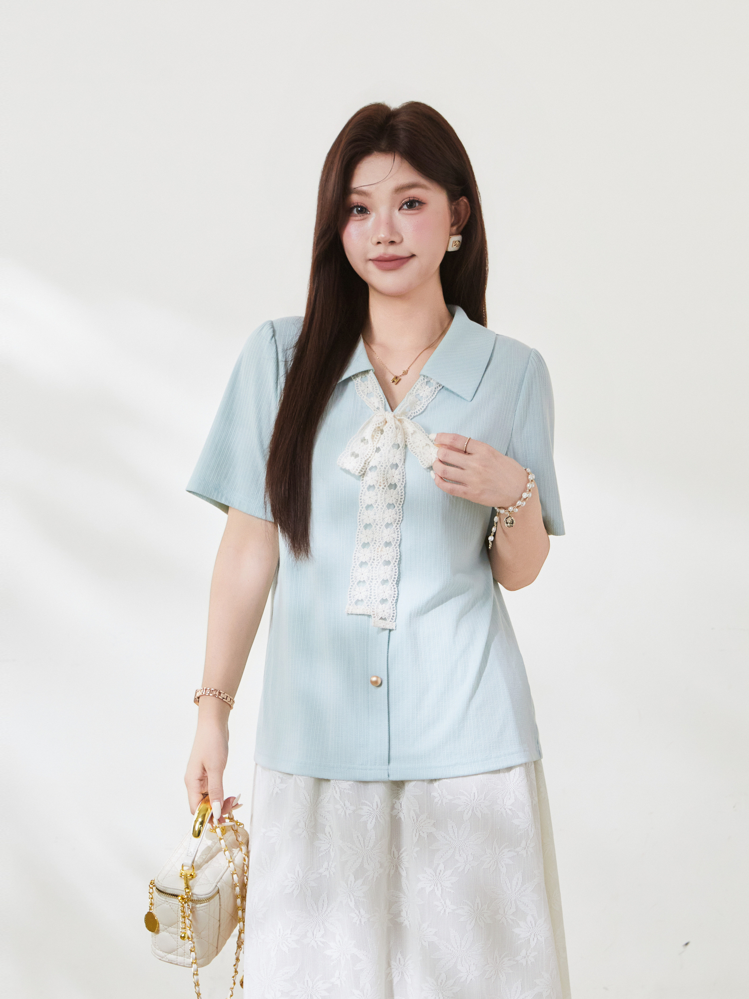 Collar lace tied temperament texture T-shirt,FXZ7129