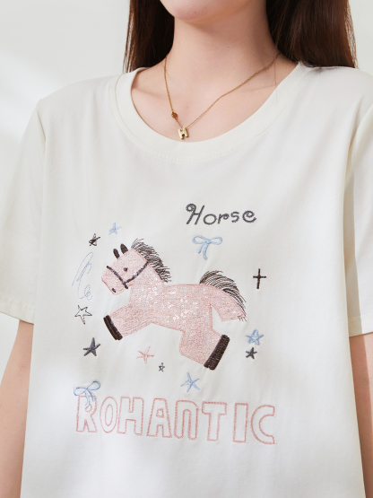 Horse Embroidery Short-sleeved T-shirt FXZ7503