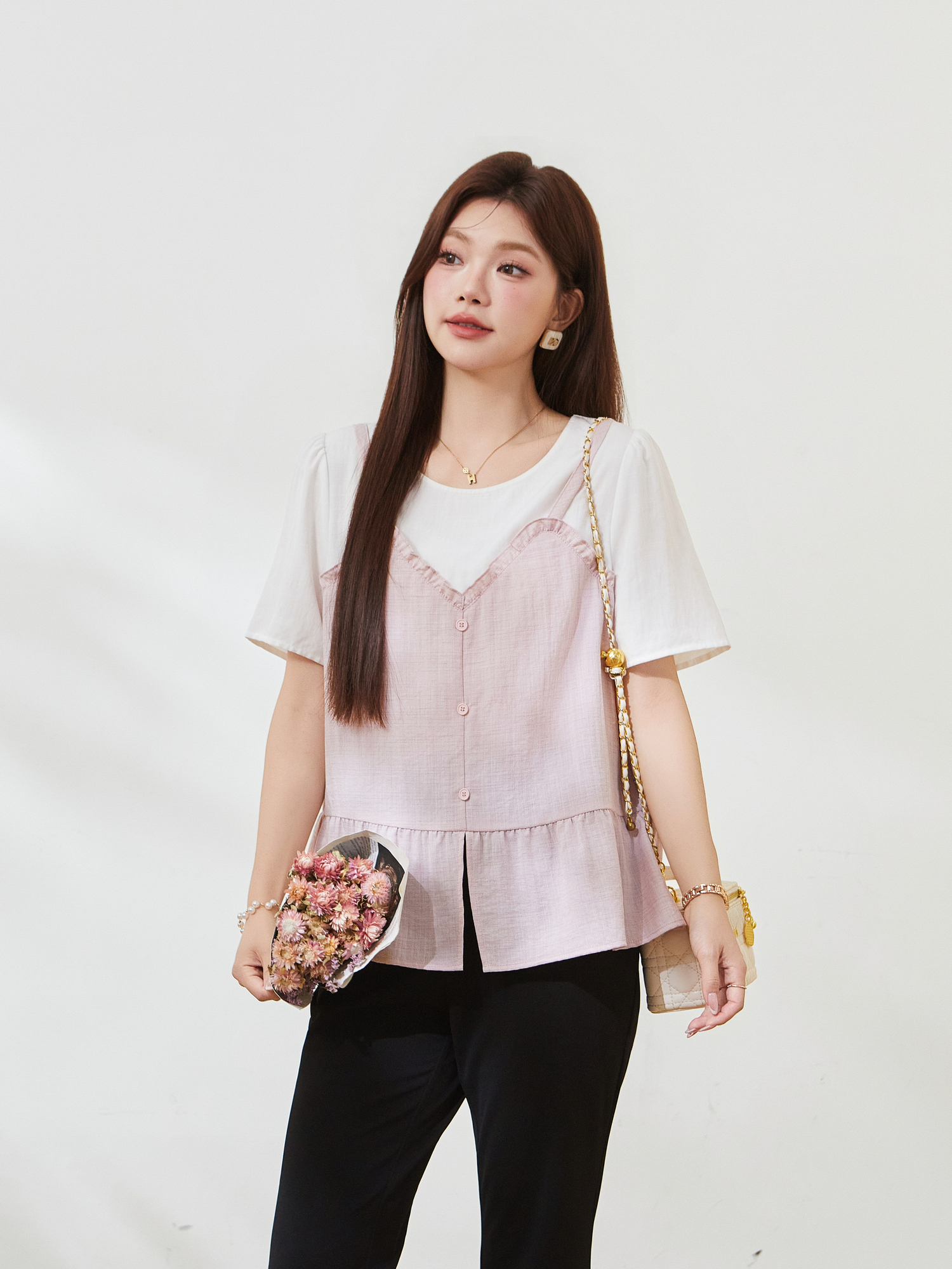 Fake two-piece splicing wooden ear small shirt FXA7506