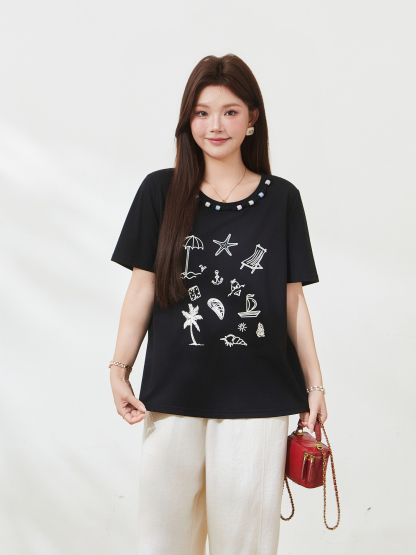 Beaded and printed fashion knitted T-shirt FXZ7212