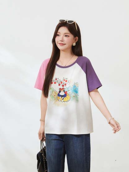 Color blocked shoulder cartoon cat T-shirt，FXZ7168
