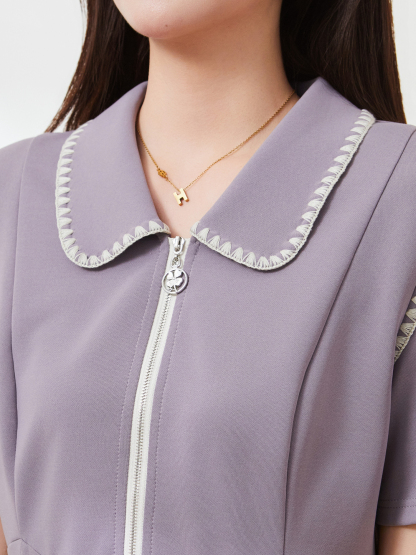 POLO collar and waist A-line shell embroidered dress，FXQ7227