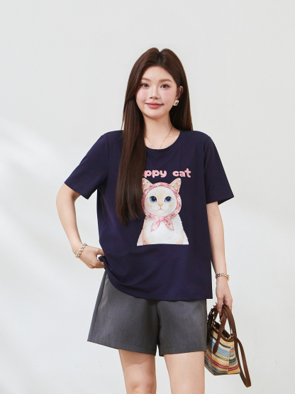 Round-neck cat print beaded T-shirt FXZ7381
