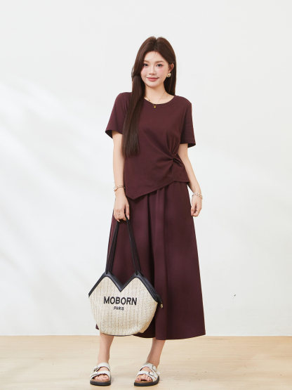 Round neck irregular hem skirt set，FXZ7217