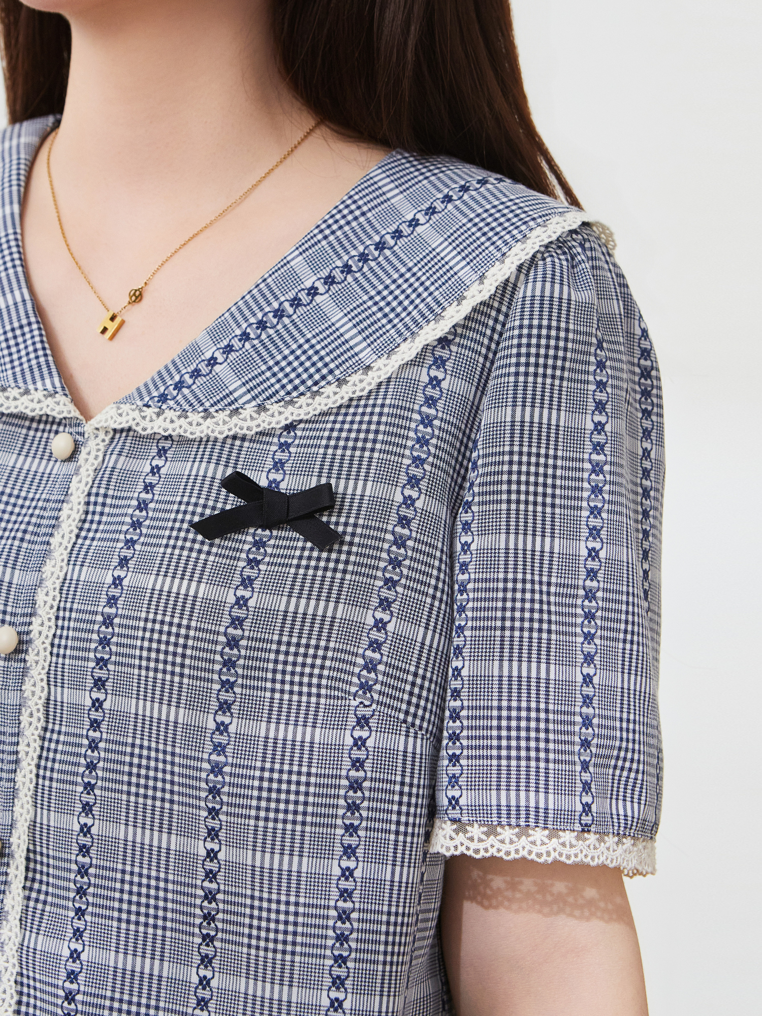Academic style navy collar slim-fitting checkered shirt FXA7189
