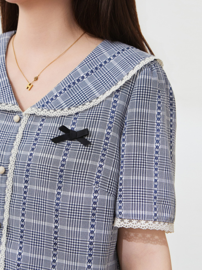 Academic style navy collar slim-fitting checkered shirt FXA7189