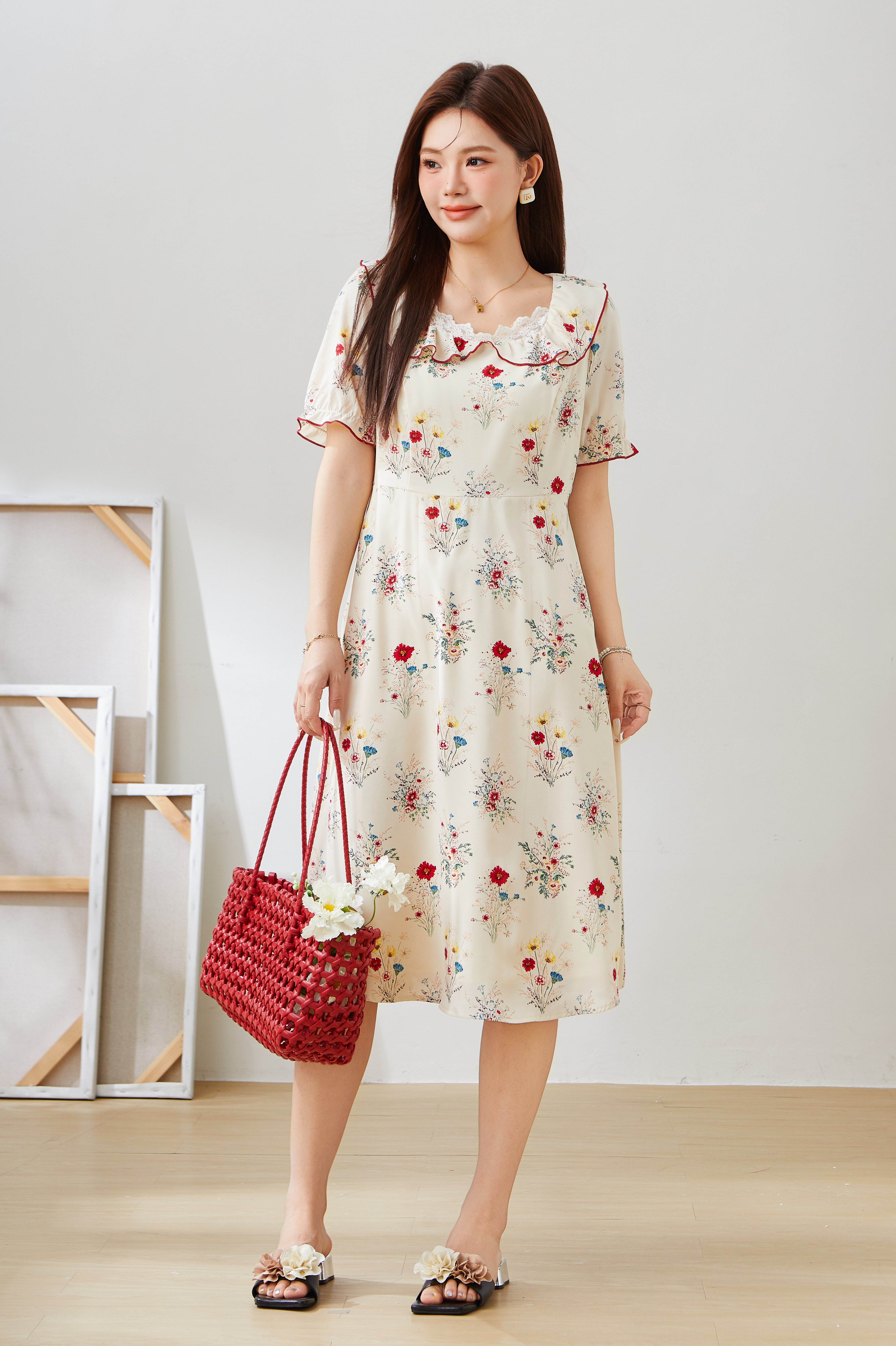 Square Neck Textured Floral Dress EXQ5508