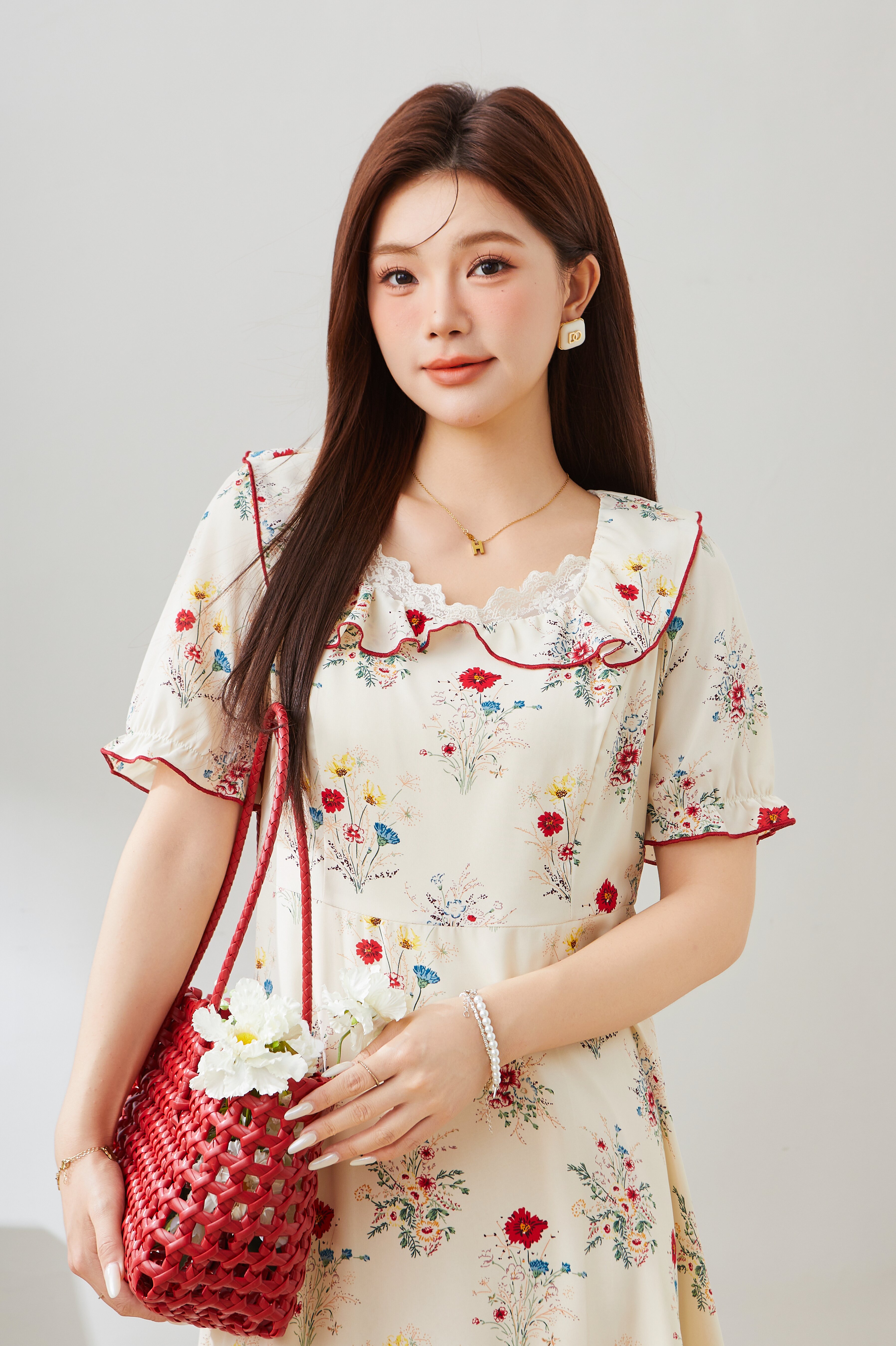 Square Neck Textured Floral Dress EXQ5508