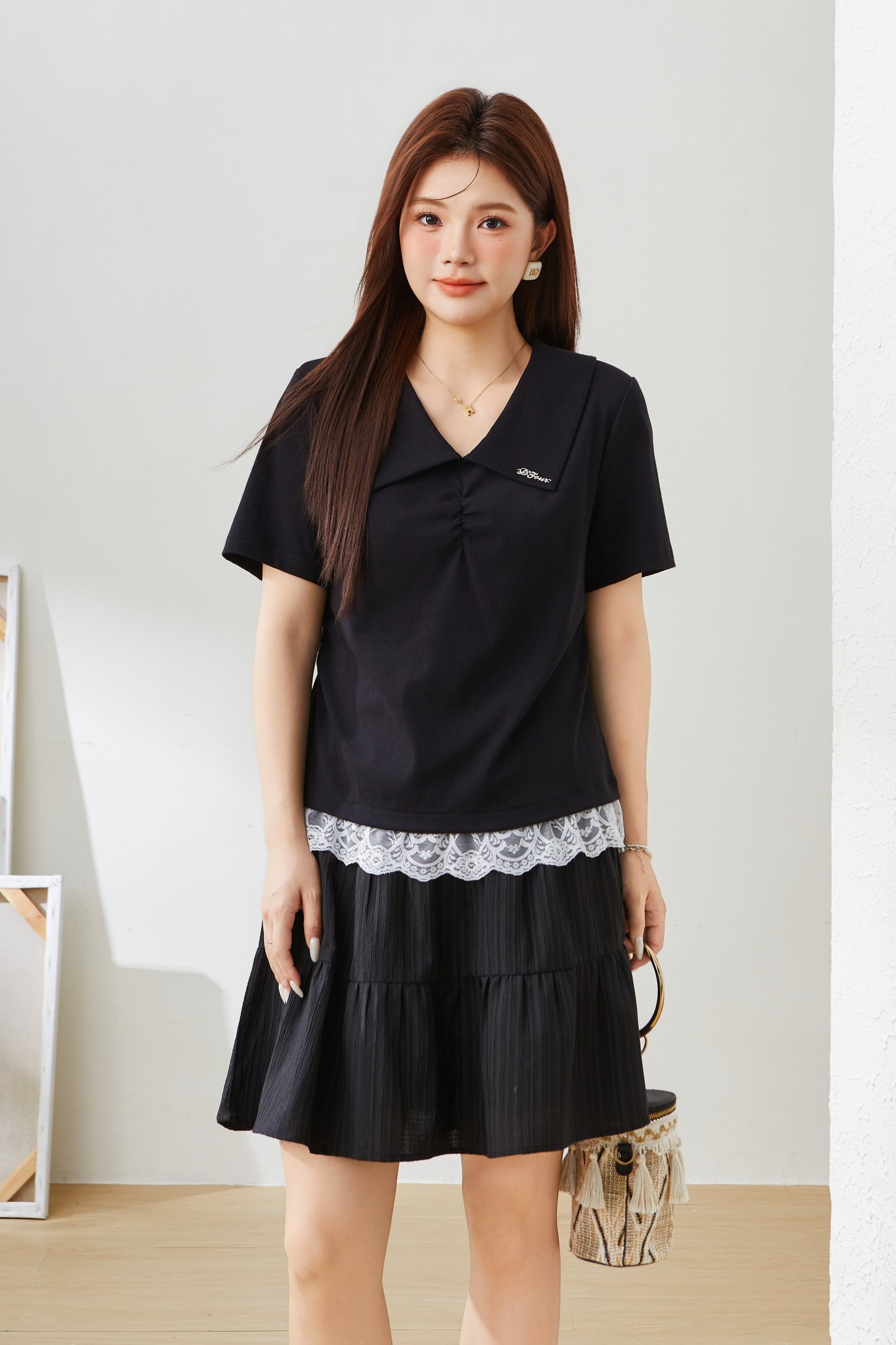 Lapel Lace Knitted T-shirt EXZ5535