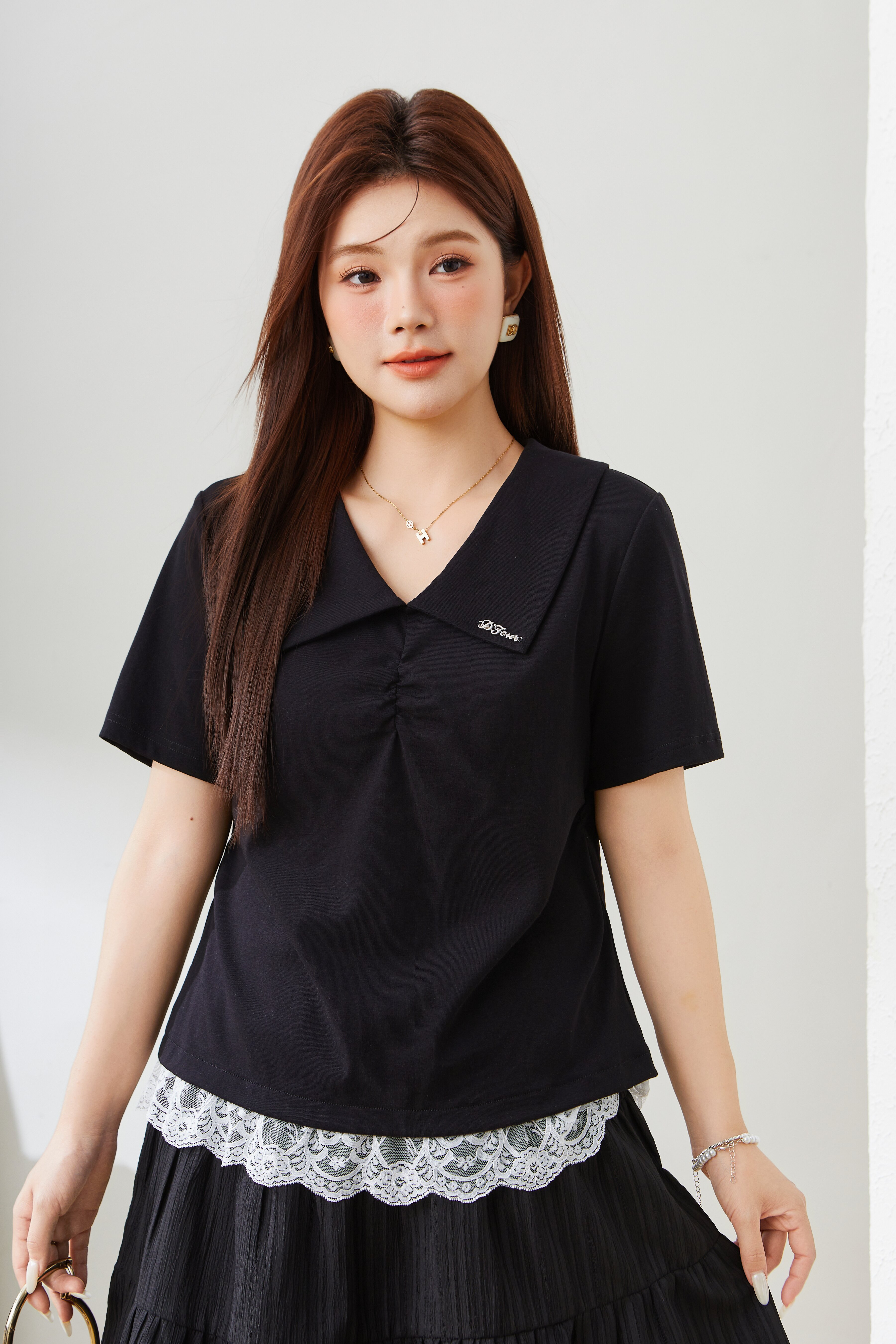 Lapel Lace Knitted T-shirt EXZ5535