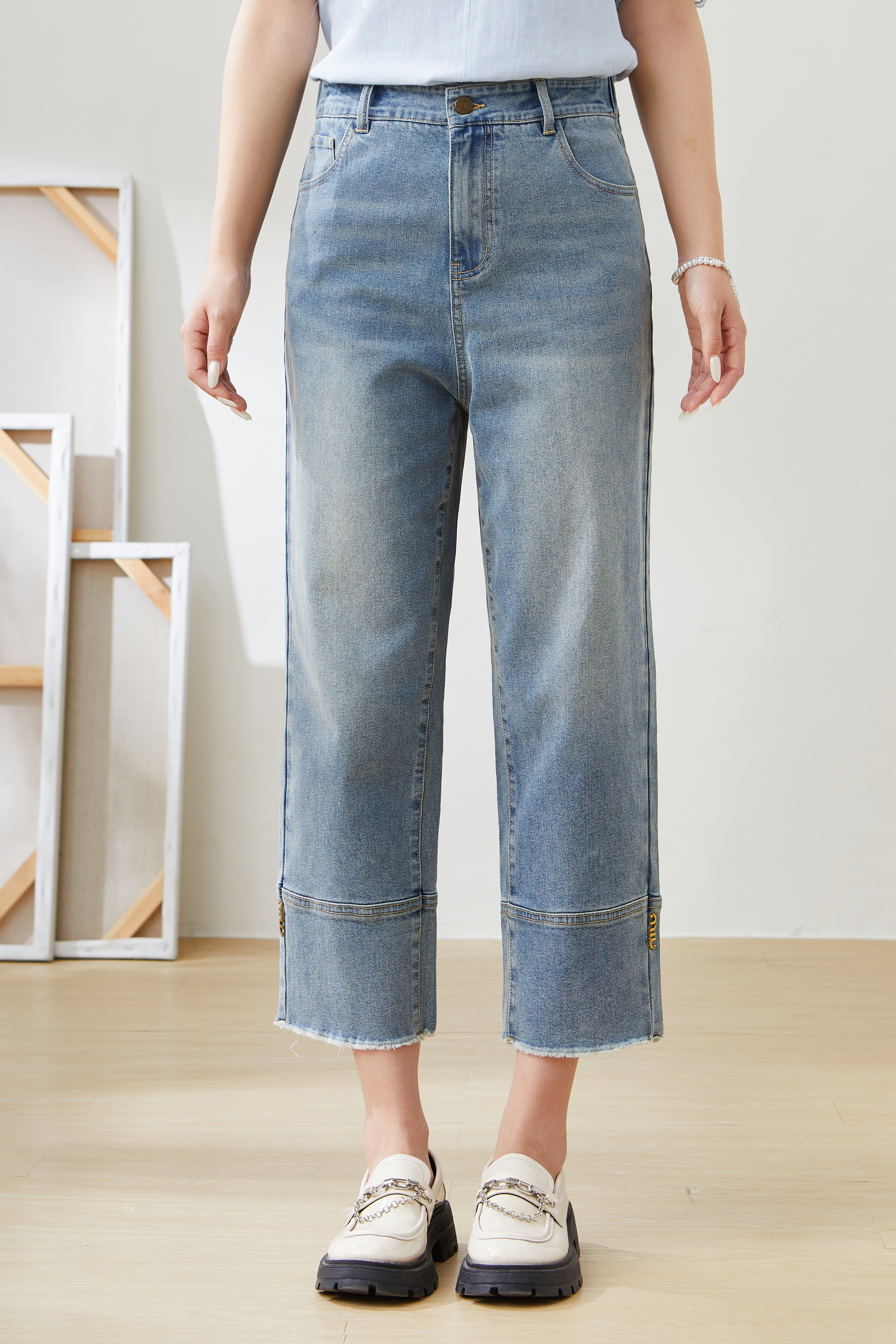 High Waist Slimming Straight Raw Hem Cropped Pants EXK5330