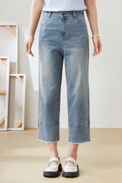 High Waist Slimming Straight Raw Hem Cropped Pants EXK5330