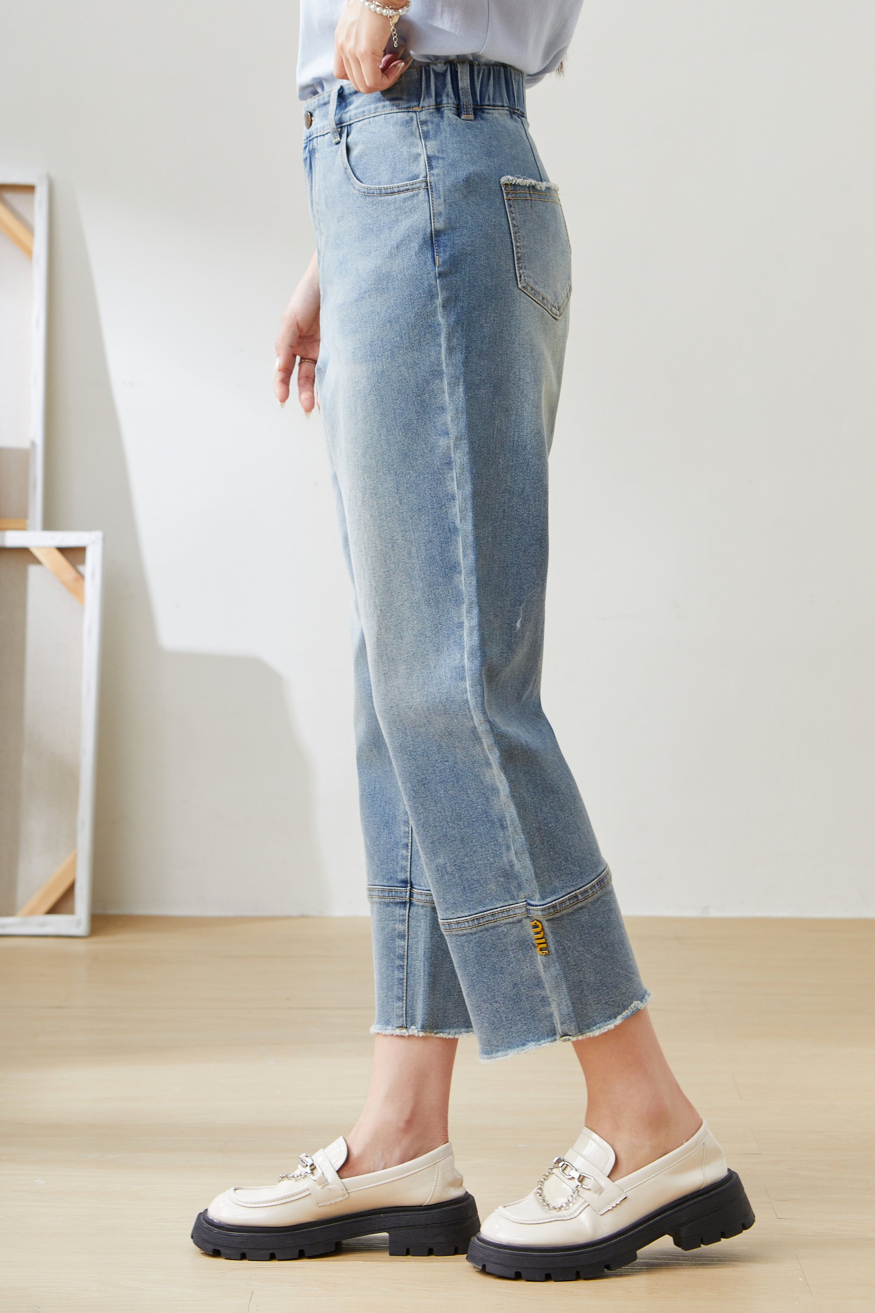 High Waist Slimming Straight Raw Hem Cropped Pants EXK5330