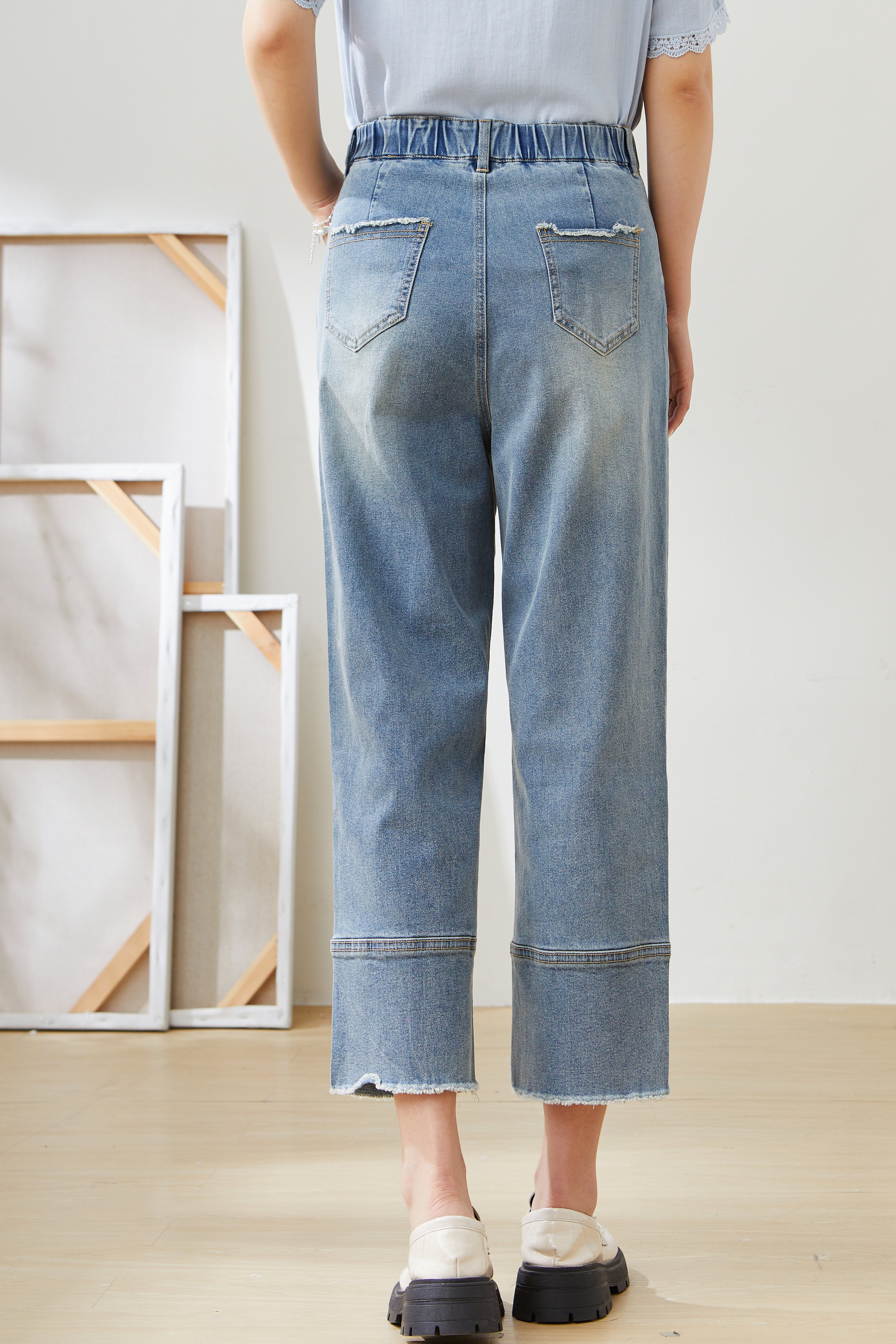 High Waist Slimming Straight Raw Hem Cropped Pants EXK5330