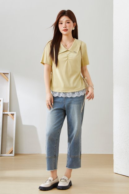 Lapel Lace Knitted T-shirt EXZ5535