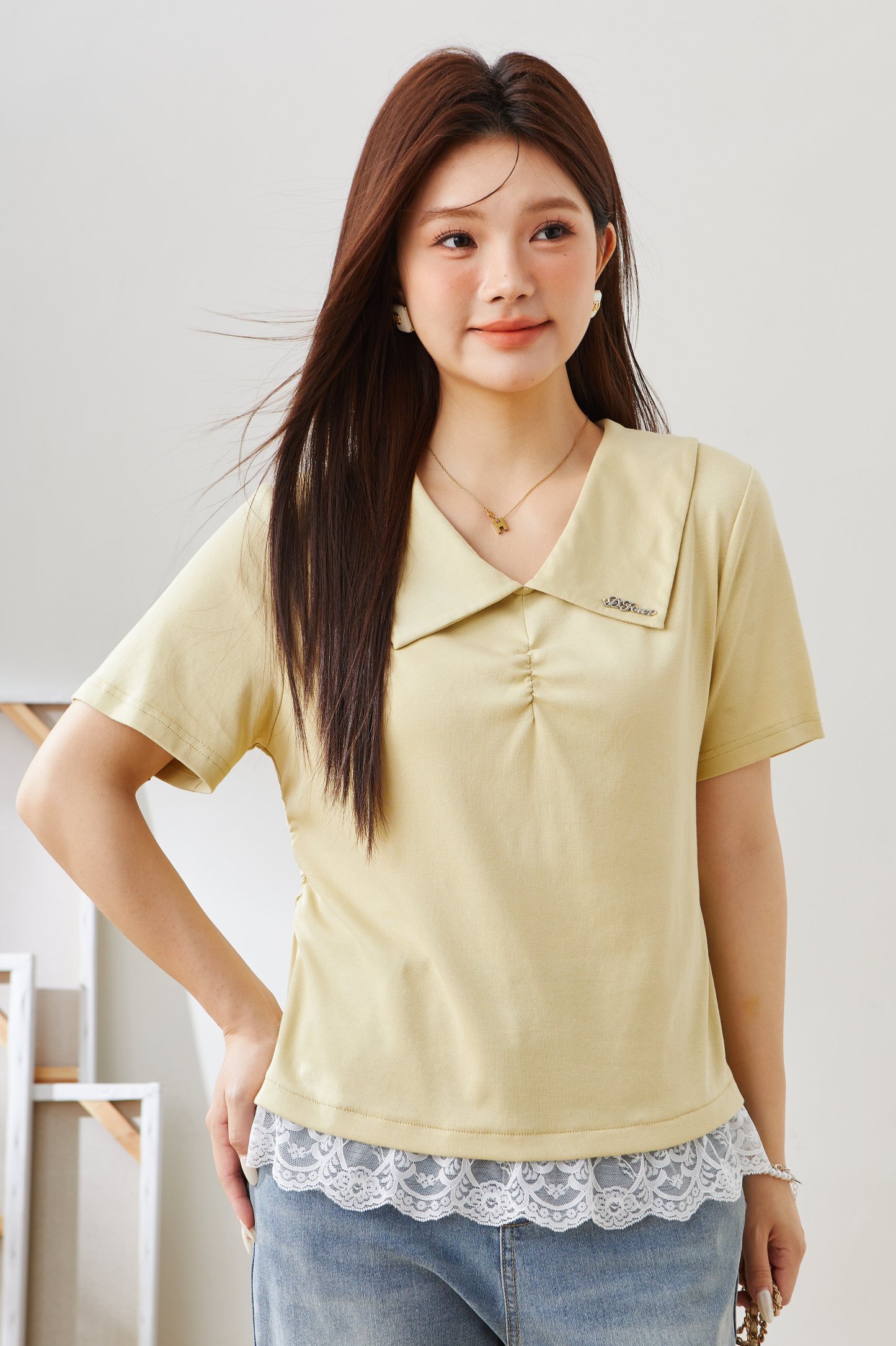 Lapel Lace Knitted T-shirt EXZ5535