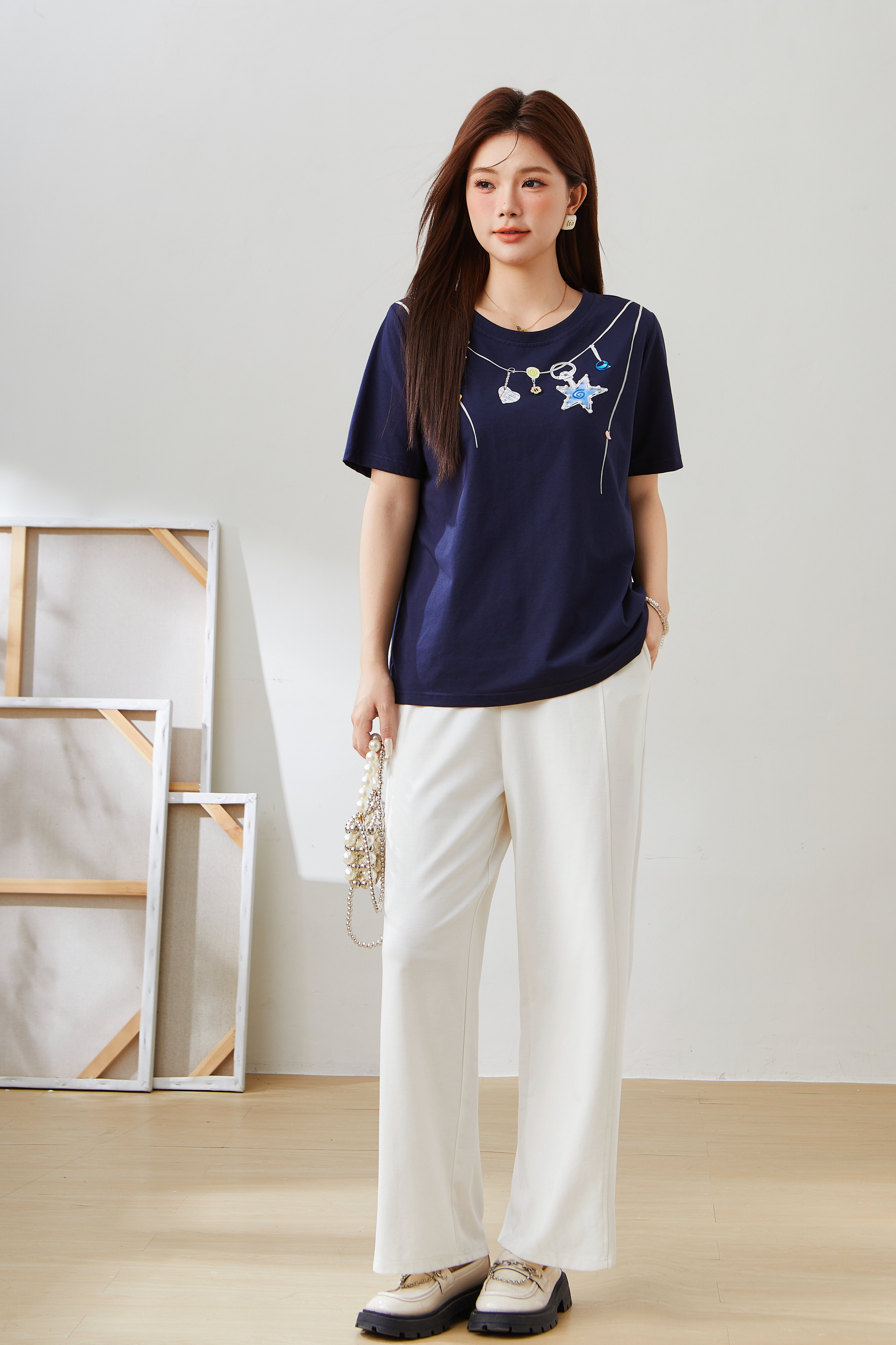 Starry Sky Print Handmade Beaded T-Shirt EXZ5533