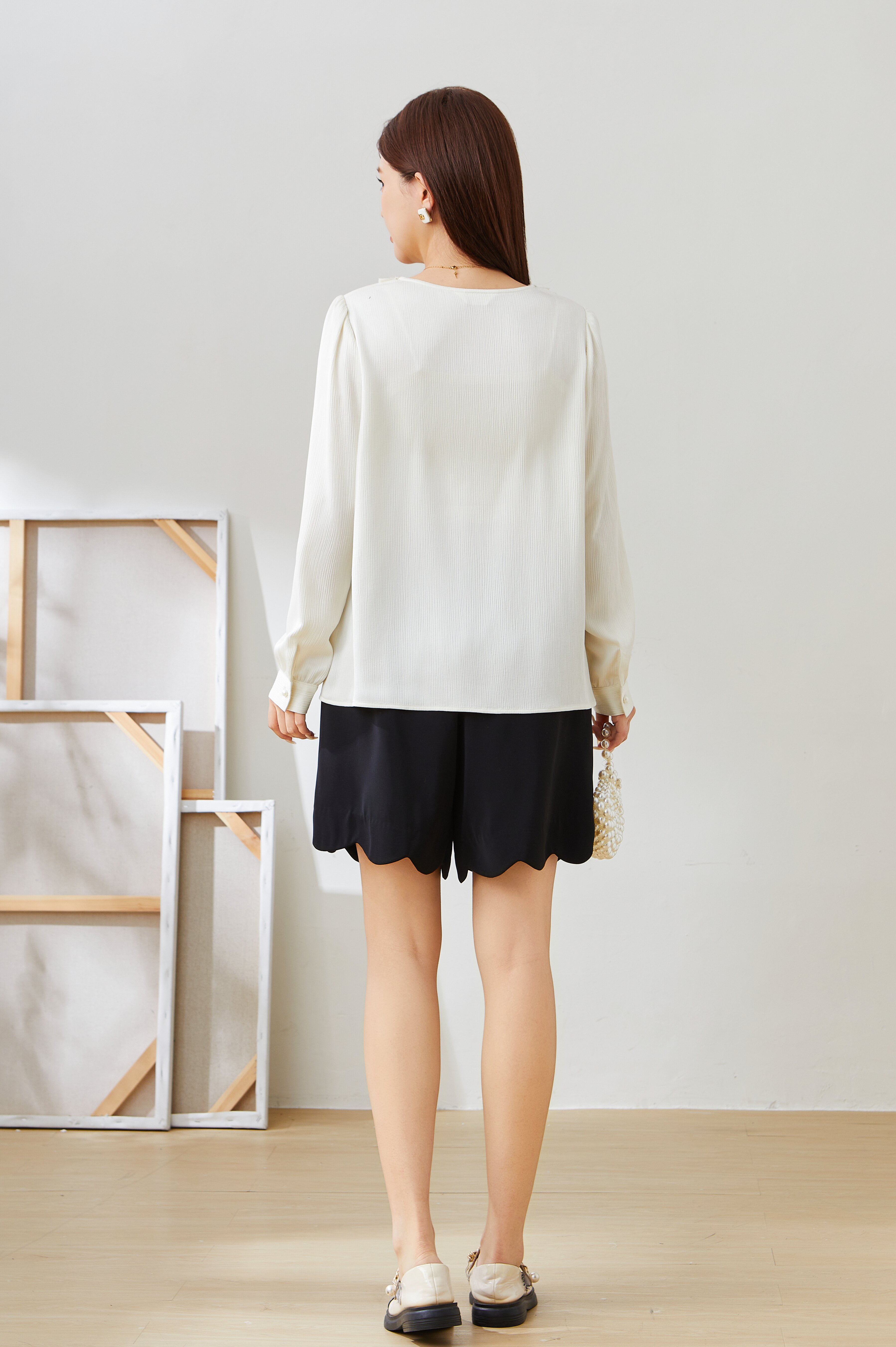 Beaded Round Neck Satin Blouse EDA5601