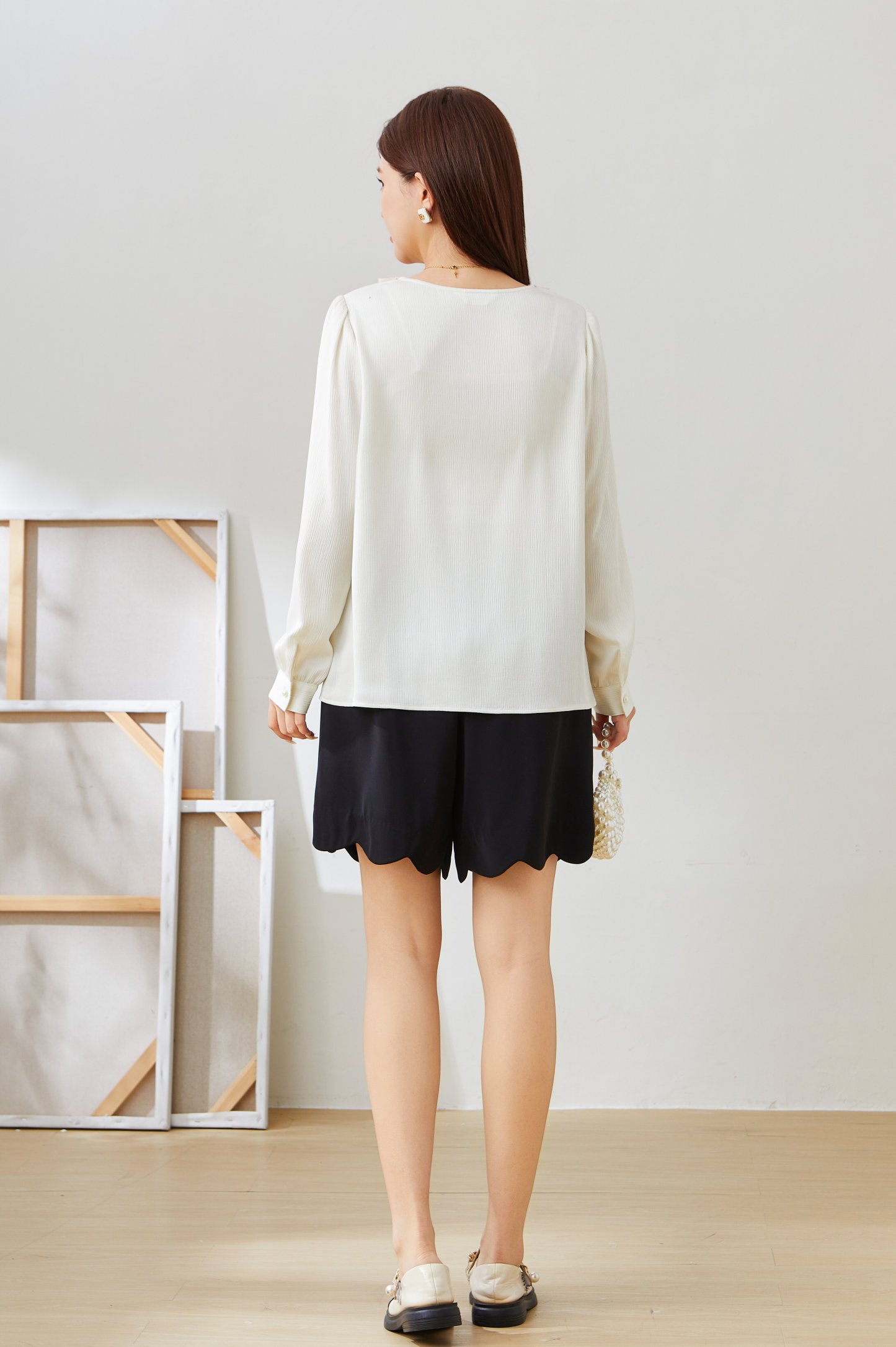 Beaded Round Neck Satin Blouse EDA5601