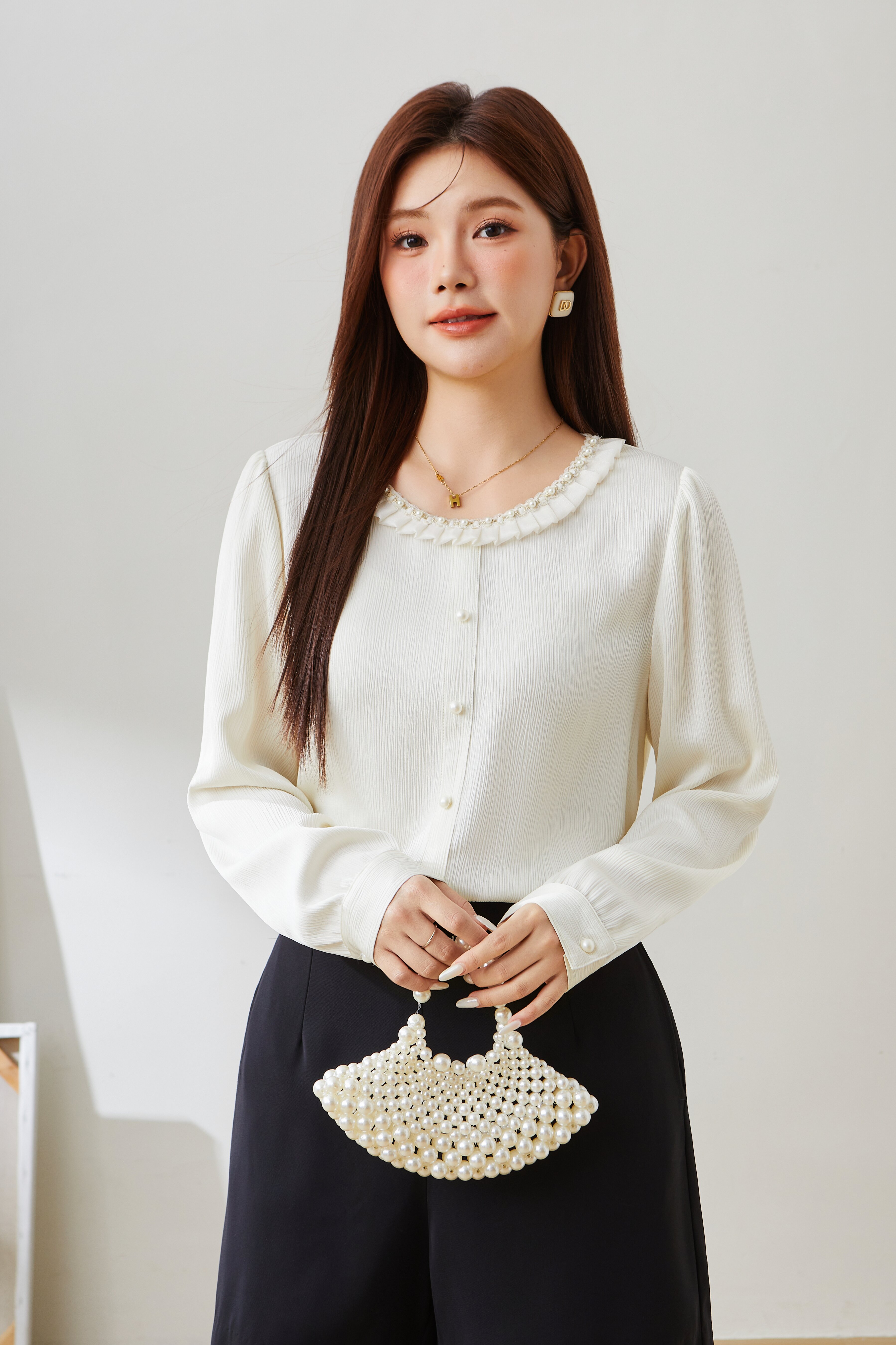 Beaded Round Neck Satin Blouse EDA5601