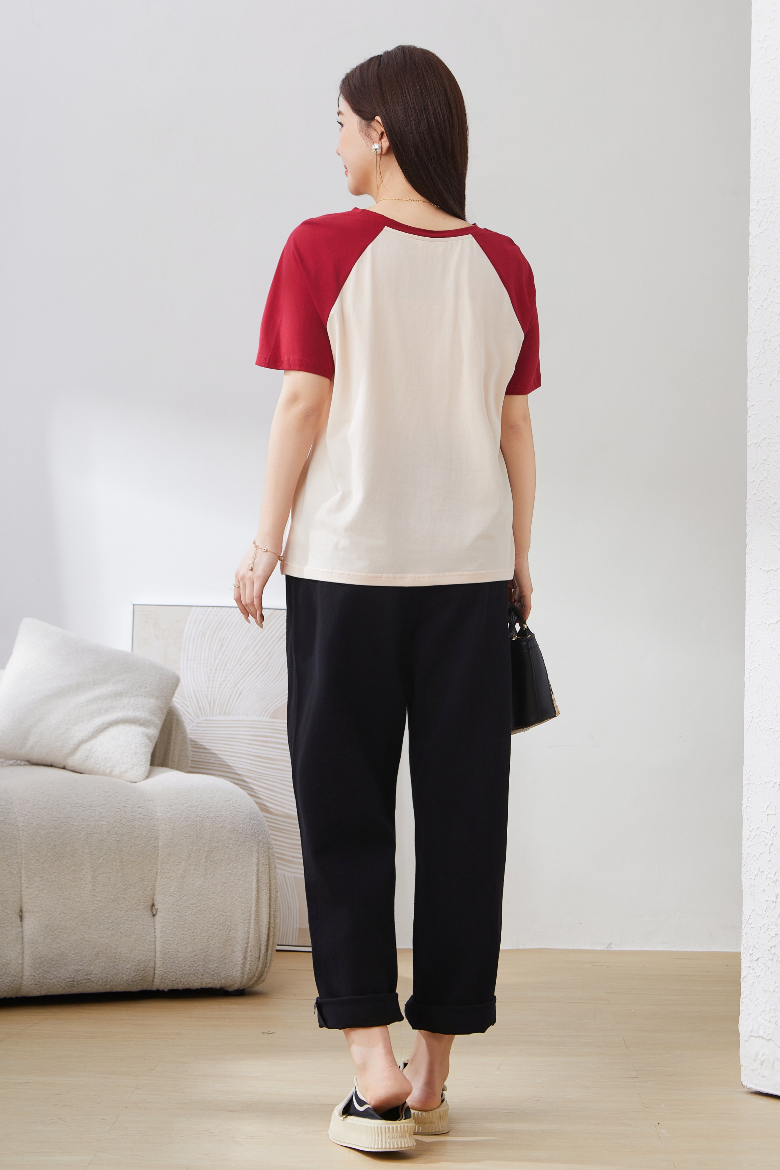 Loose Contrast Color Raglan Printed T-shirt Dxz1265