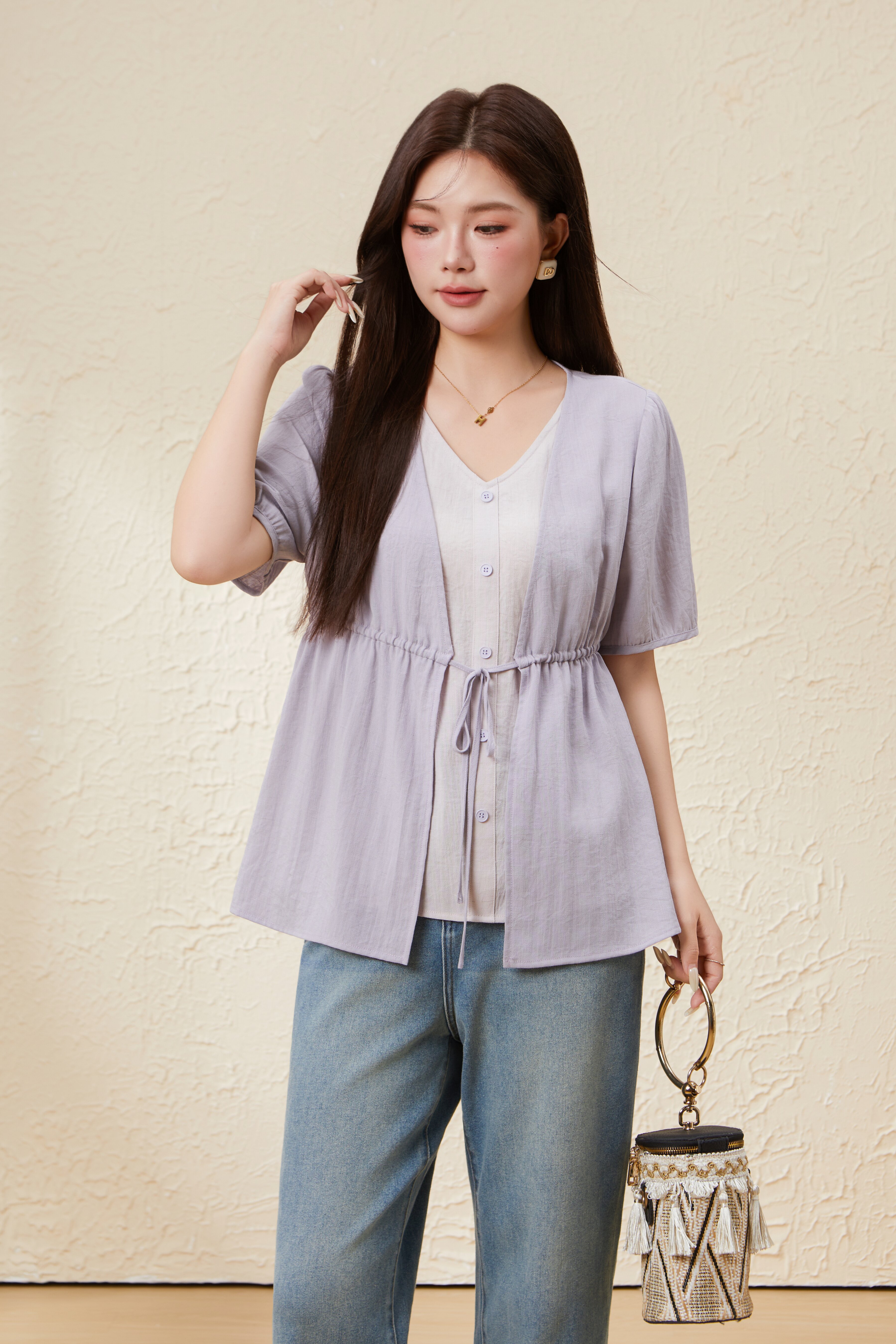 V-neck No Matching Fake Two-piece Slimming Top EXA5725