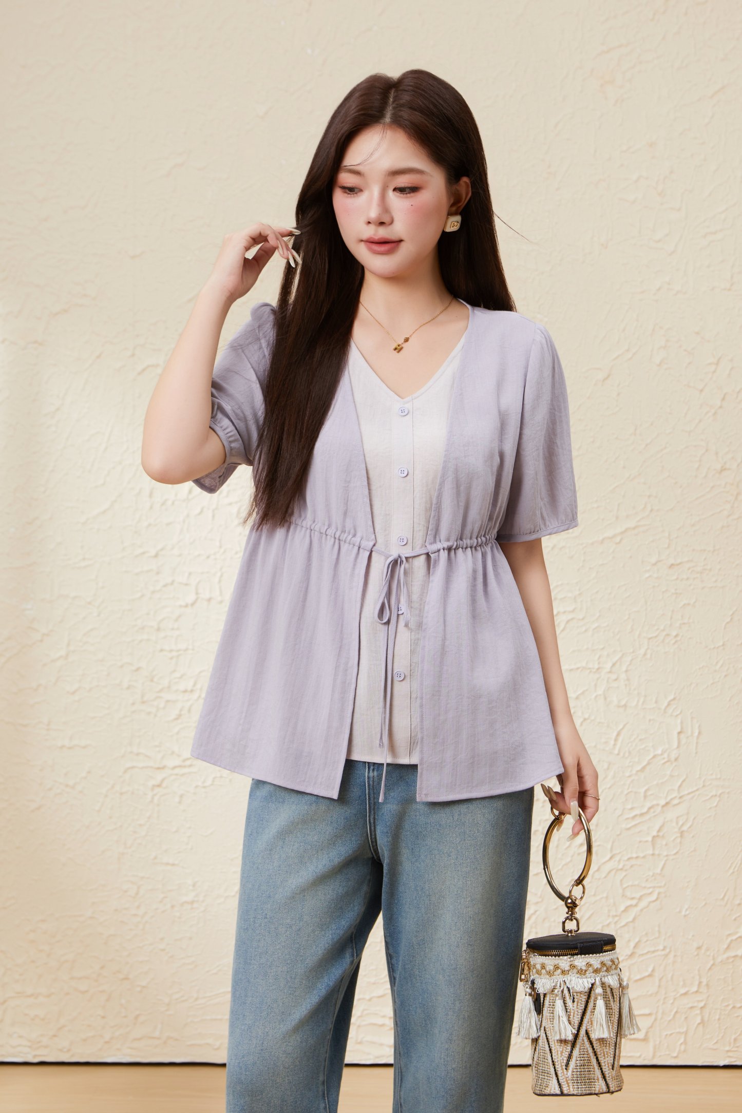 V-neck No Matching Fake Two-piece Slimming Top EXA5725