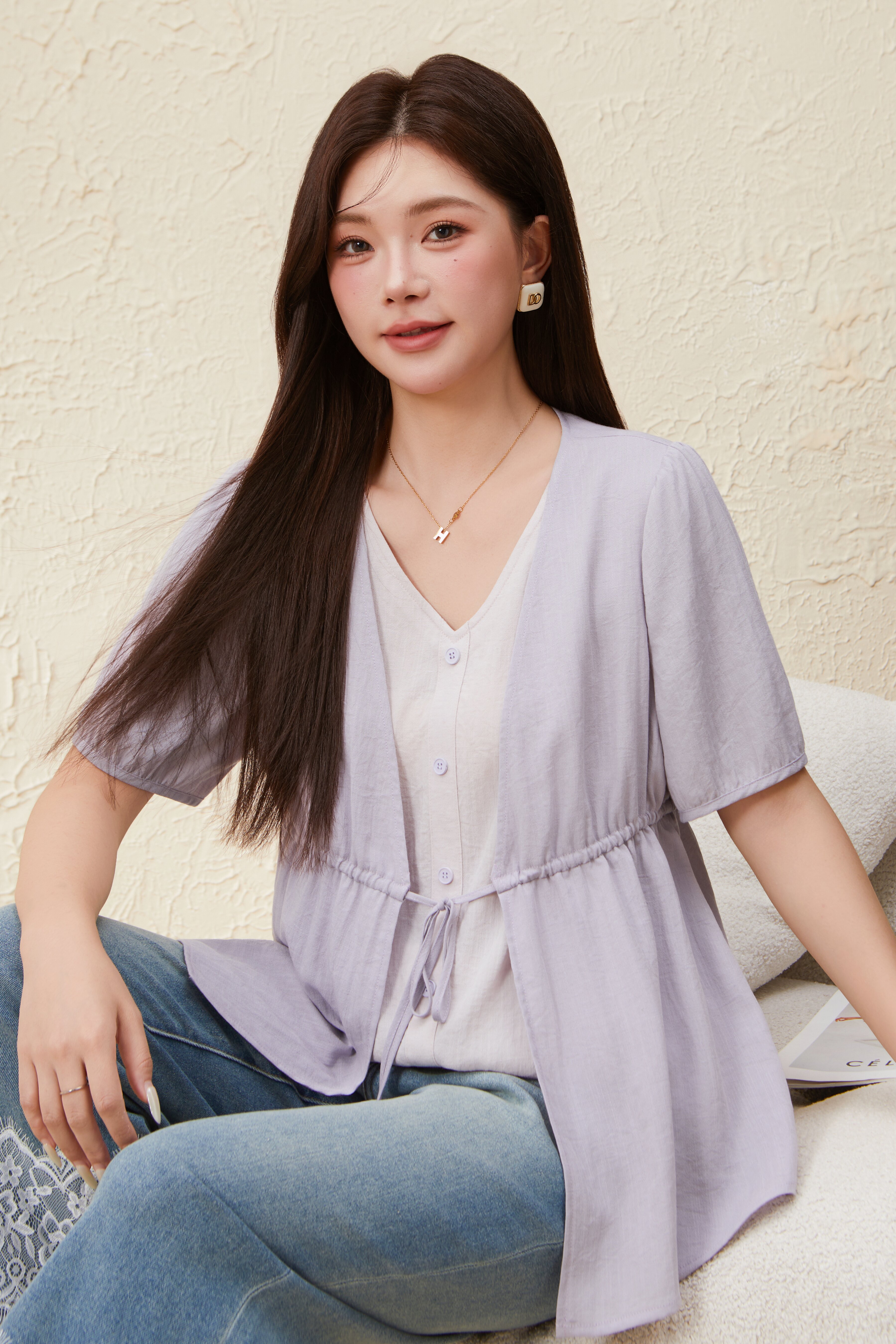 V-neck No Matching Fake Two-piece Slimming Top EXA5725