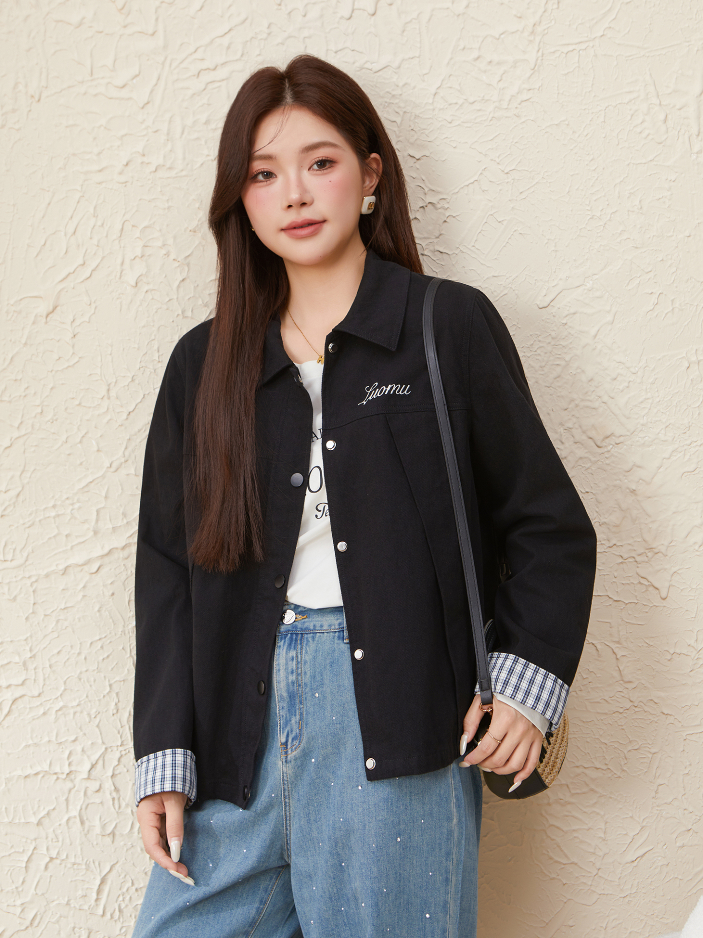 Versatile Plaid Cuff Denim Jacket EDW5676