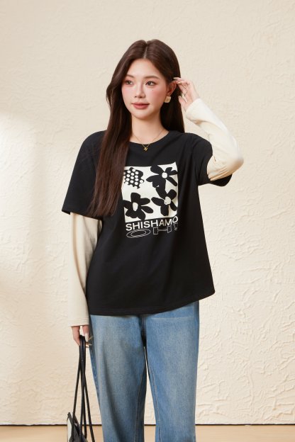 Round Neck Spliced Sleeves Printed Top EDZ5661