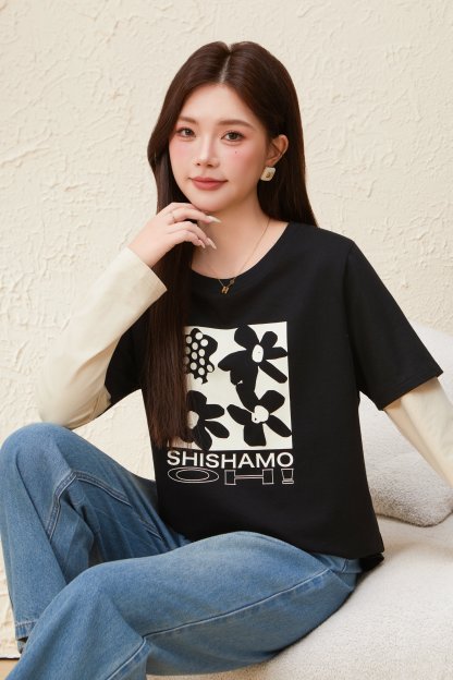 Round Neck Spliced Sleeves Printed Top EDZ5661