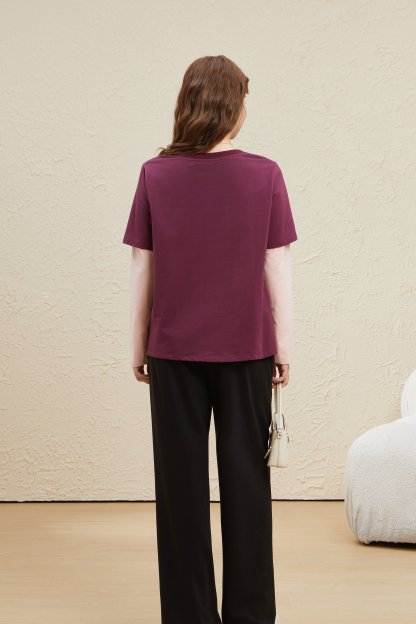 Round Neck Spliced Sleeves Printed Top EDZ5661