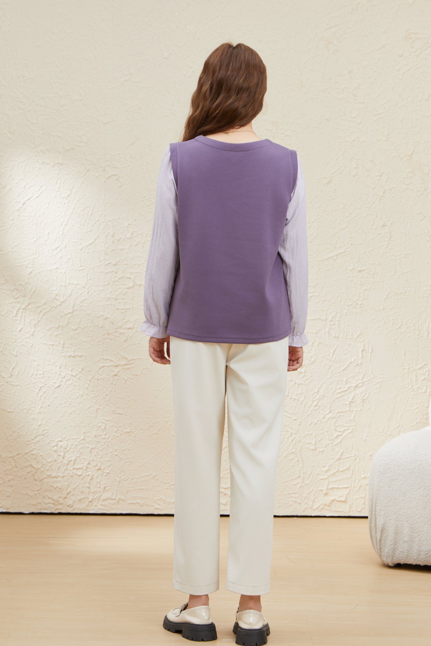 Puff Sleeve V-Neck Fake Two-Piece Top EDA5637