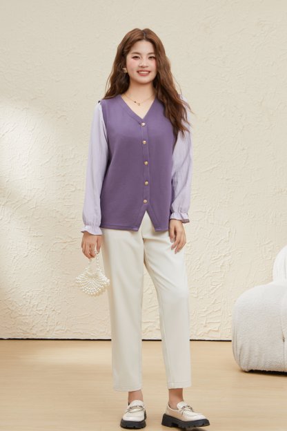 Puff Sleeve V-Neck Fake Two-Piece Top EDA5637