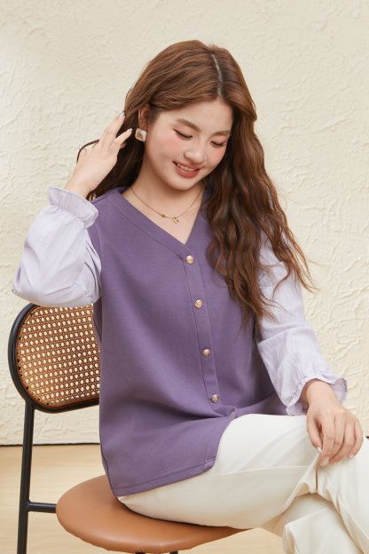 Puff Sleeve V-Neck Fake Two-Piece Top EDA5637