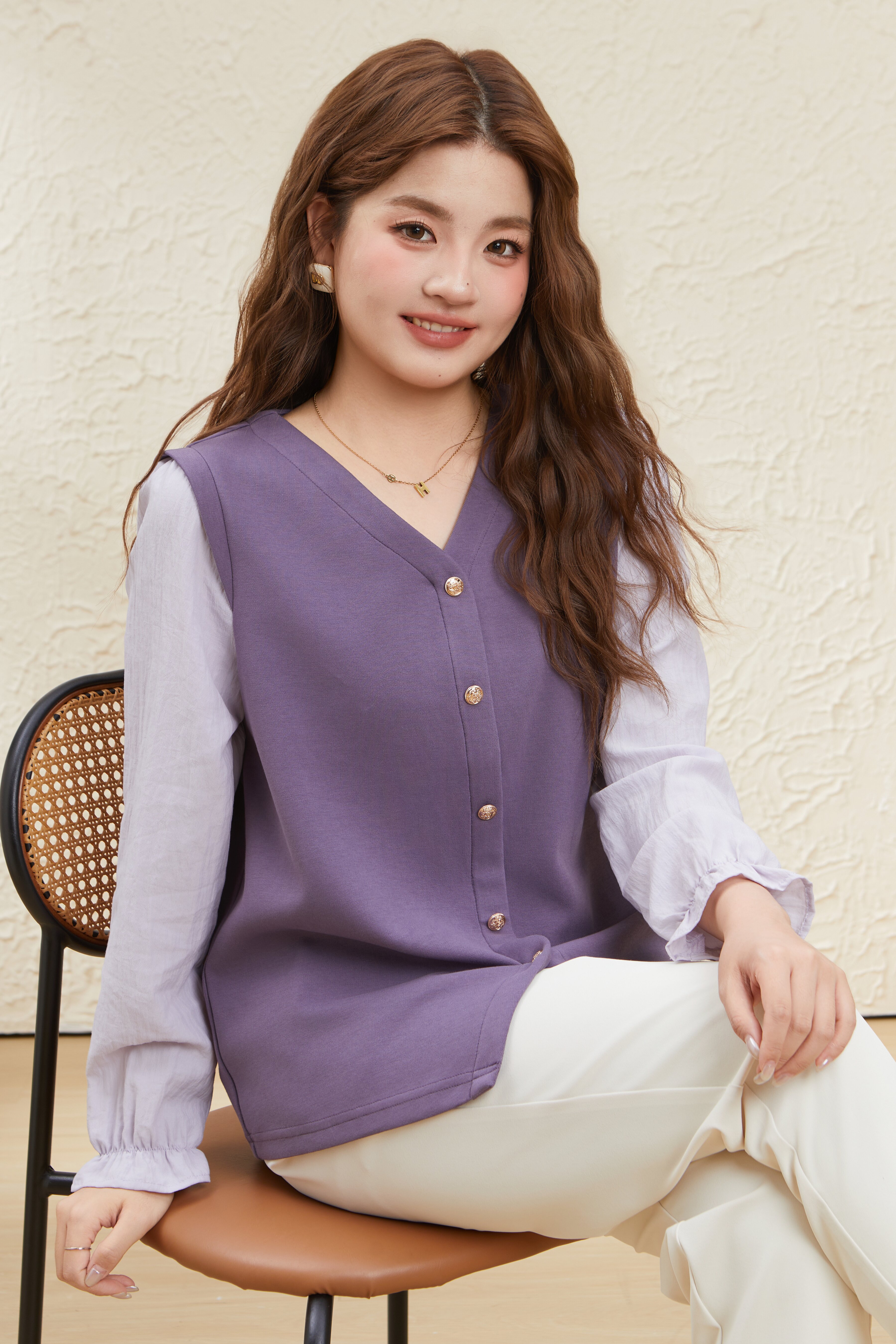 Puff Sleeve V-Neck Fake Two-Piece Top EDA5637