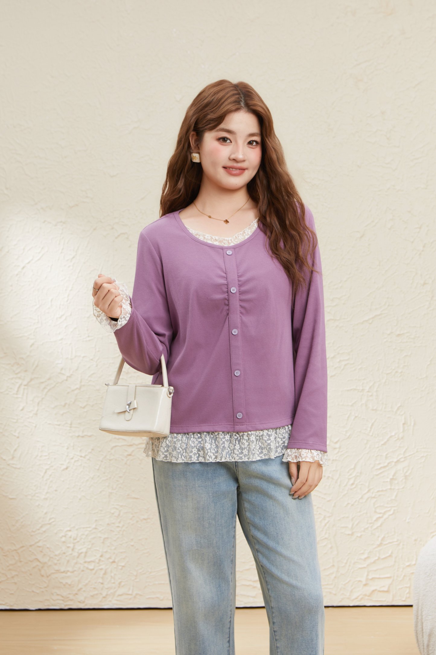 Lace Patchwork Fake Two-Piece Ribbed T-Shirt EDZ5730