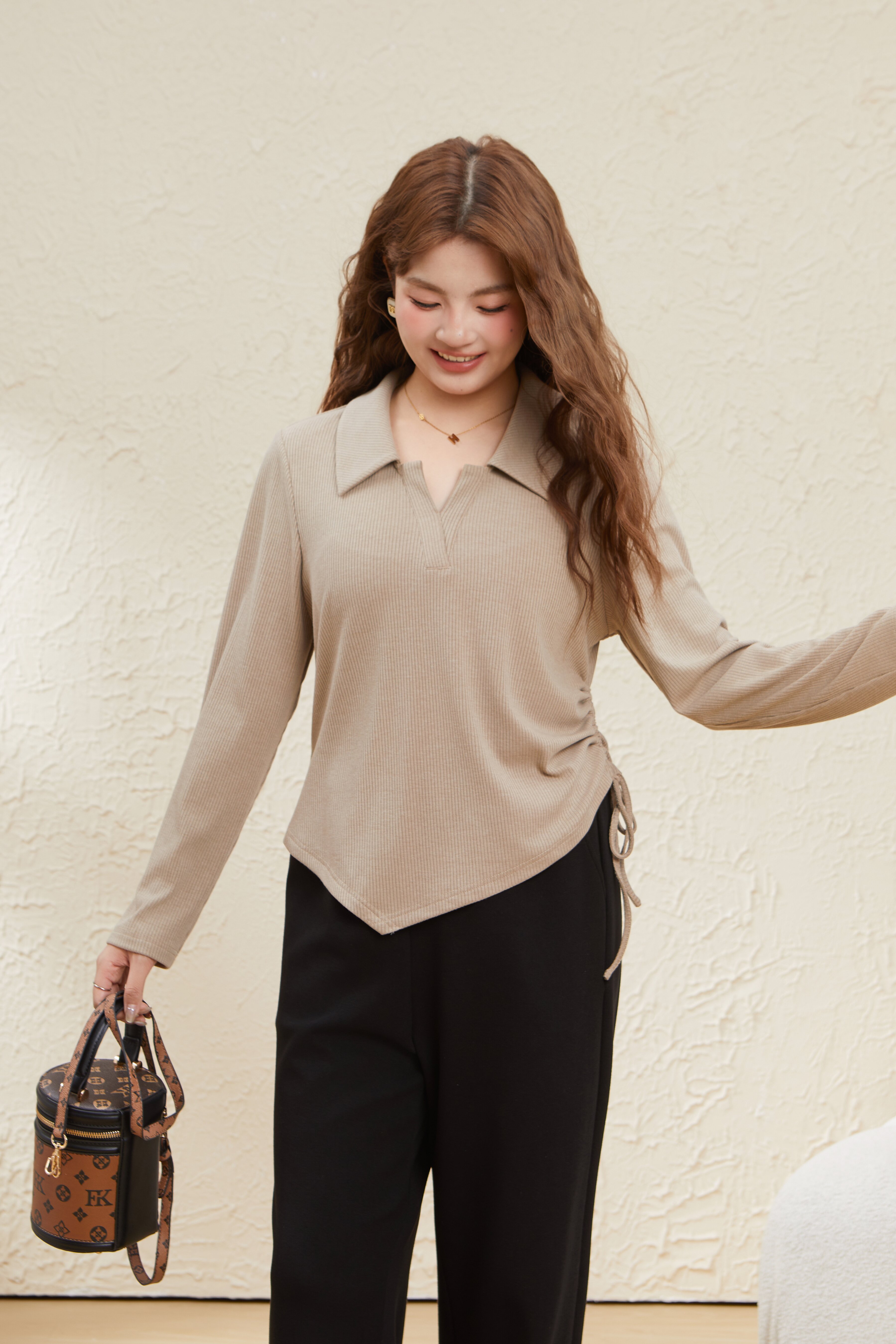 POLO Collar Knitted Ribbed Side Drawstring T-Shirt EDZ5782