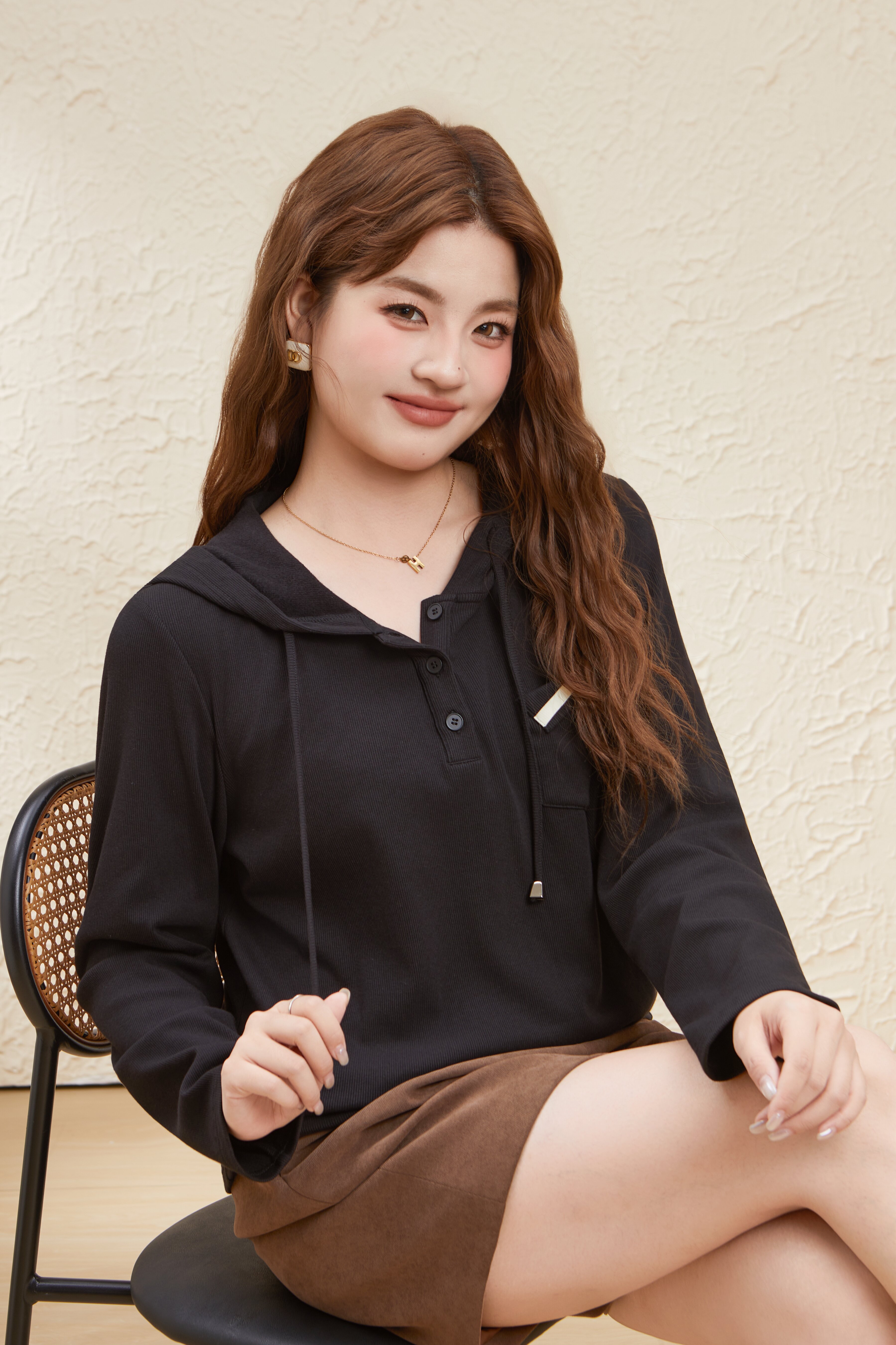 Knitted Hooded Sweet Thin Velvet Top EDZ5616N