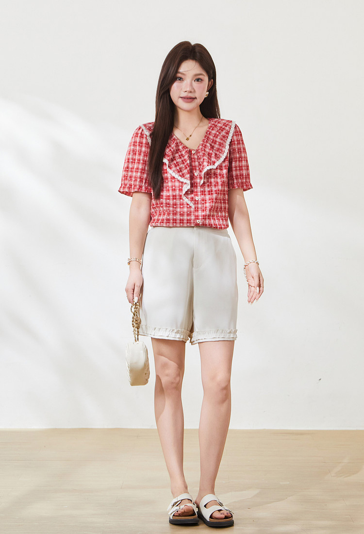 French bowknot V-neck ruffle blouse FXA7160