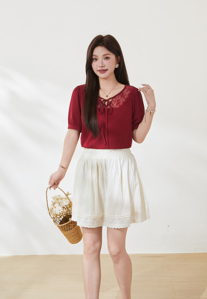 New Chinese style lace up bubble sleeve sweater，FXA7175