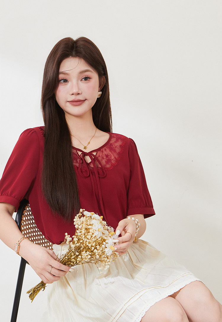 New Chinese style lace up bubble sleeve sweater，FXA7175