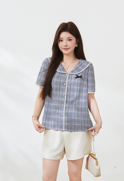 Academic style navy collar slim-fitting checkered shirt FXA7189