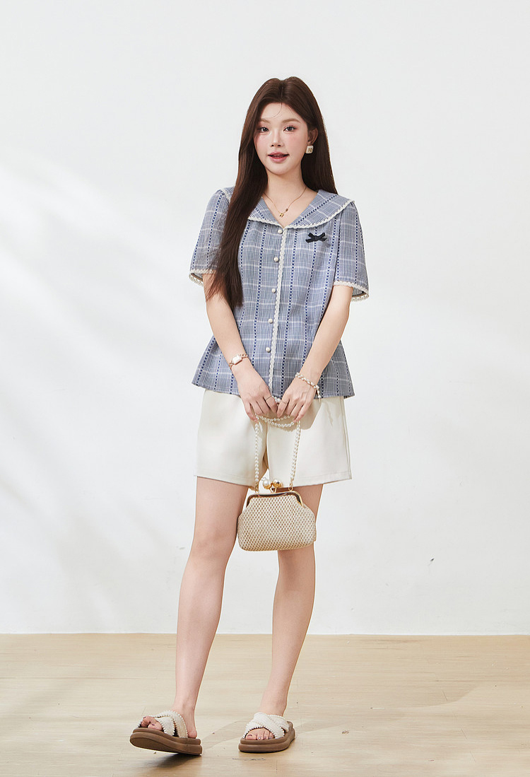 Academic style navy collar slim-fitting checkered shirt FXA7189